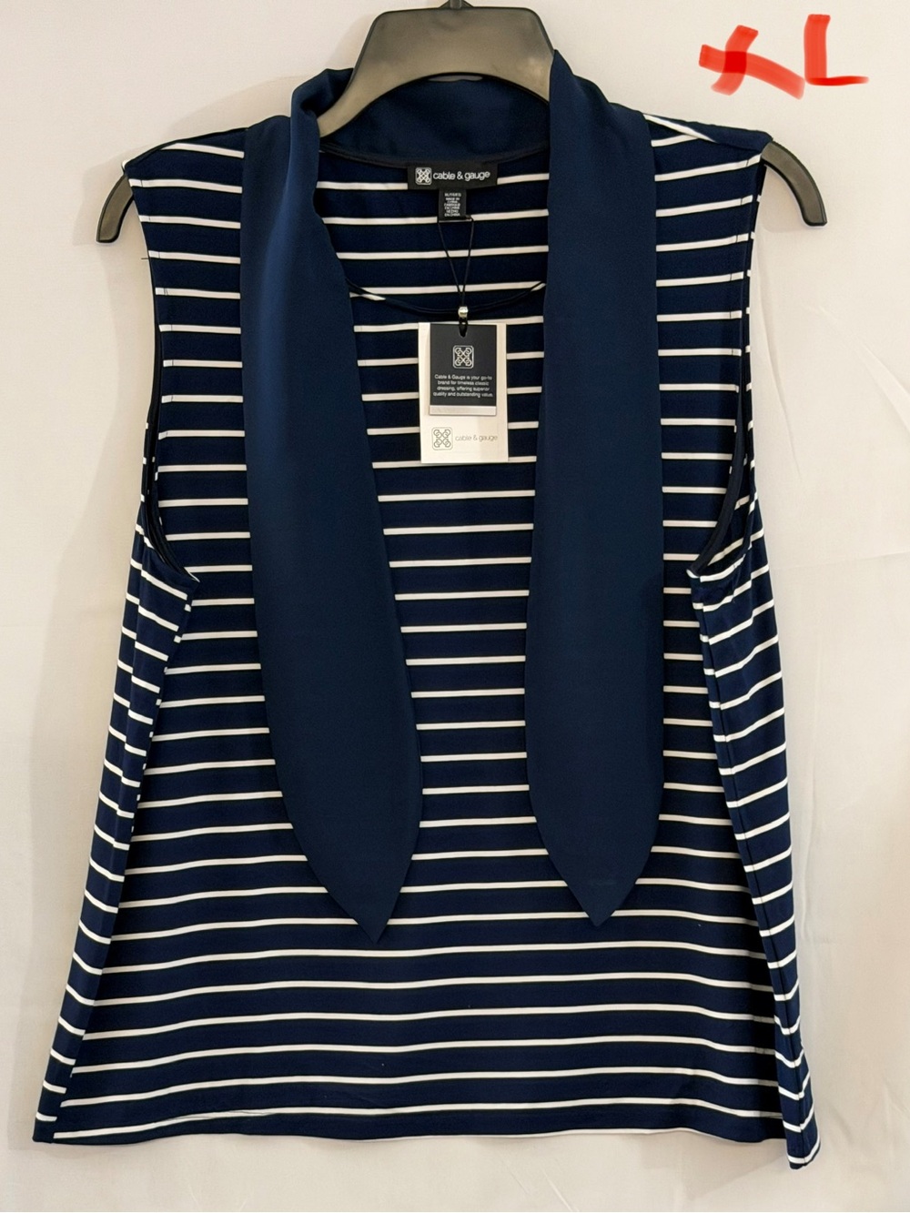 Cable & Gauge Navy and White Striped Sleeveless Tie-Neck Tank Top
